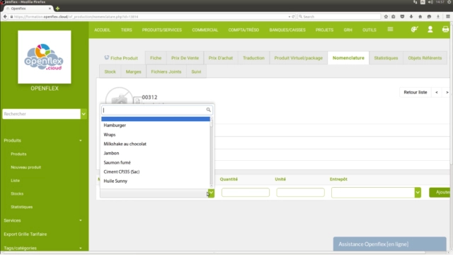 Ajout de la nomenclature d’un produit matières premières openflex
