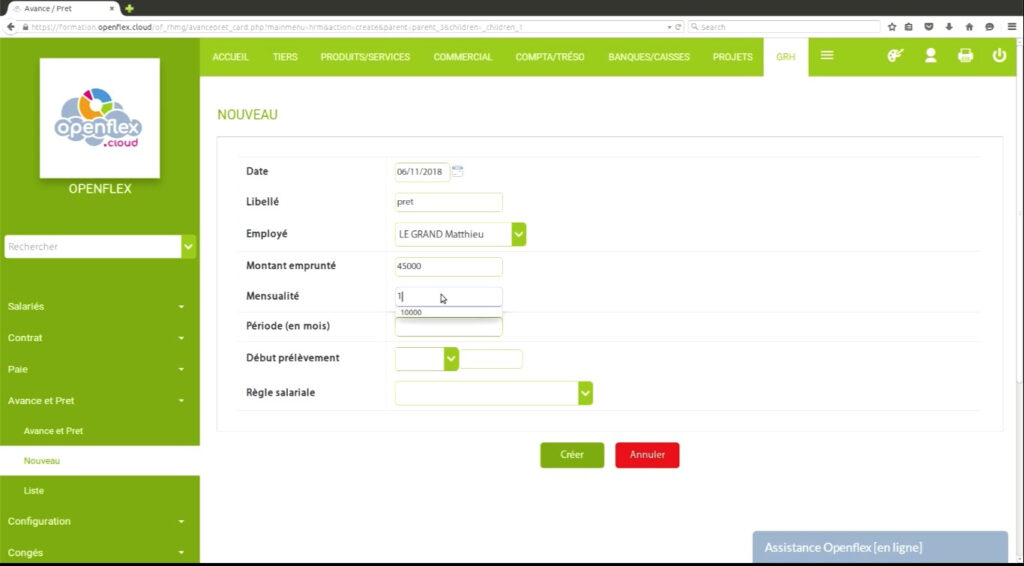 Gestion des avances et des prêts salariés mensualité openflex