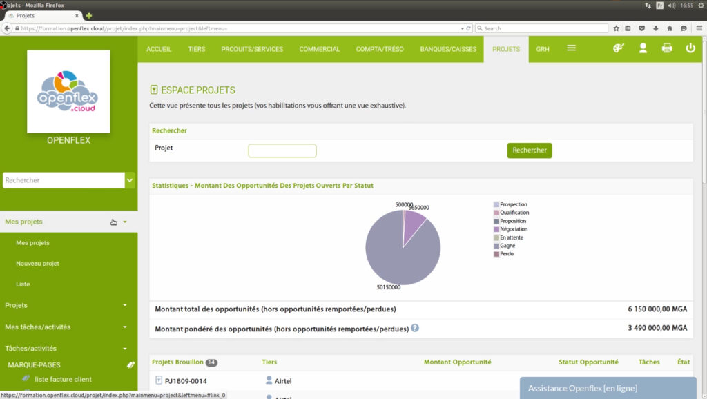 Création d’un projet mes projets openflex