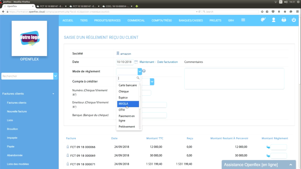 Paiement d’une facture mode de règlement openflex