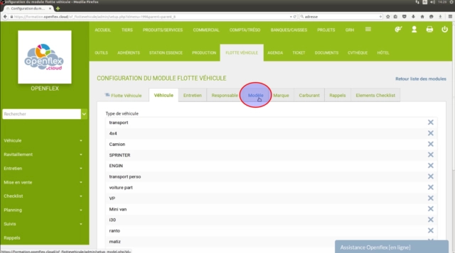 Configuration du module flotte véhicule modèle
