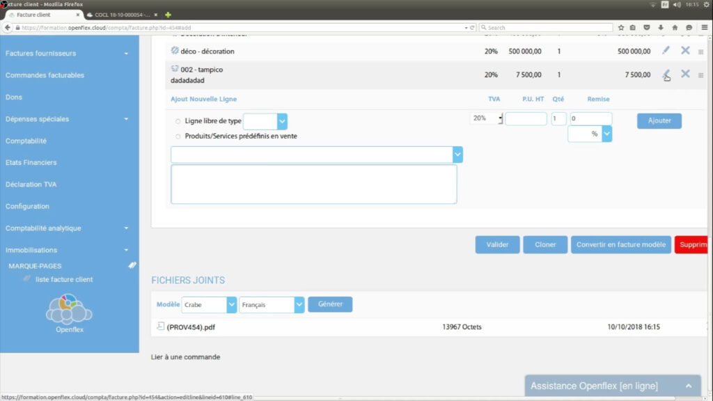 Comment créer une facture client modifier la ligne de facture openflex