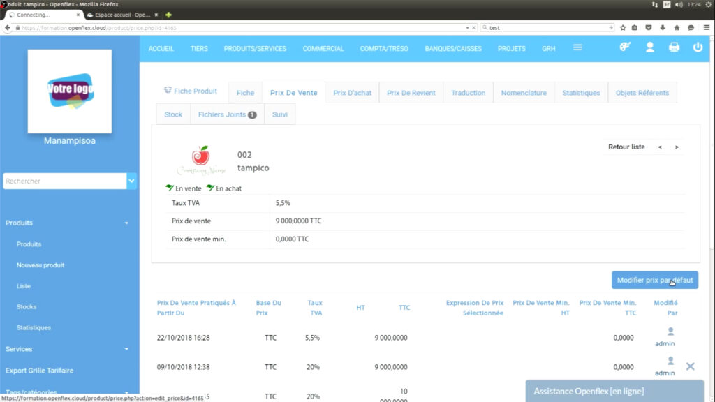 Changement du prix de vente d’un article prix par défaut openflex 