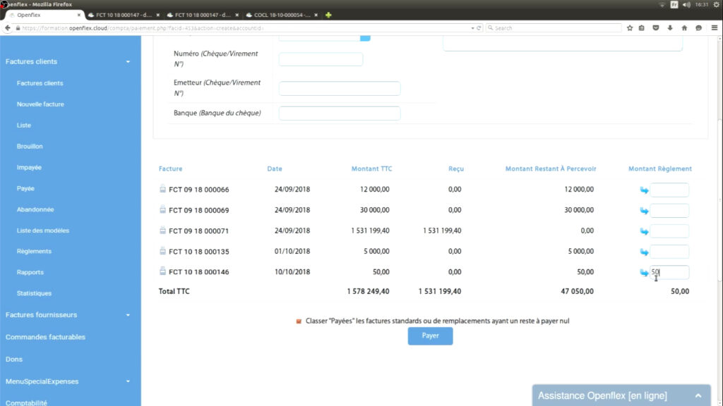 Paiement d’une facture montant de règlement openflex
