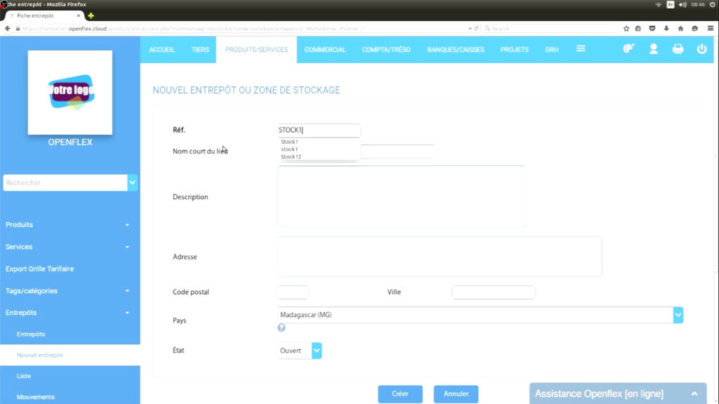 Création entrepôt stockage openflex