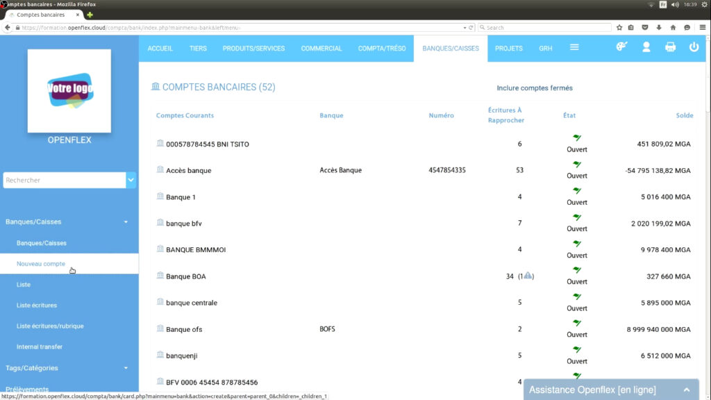 Création de compte financier nouveau compte openflex