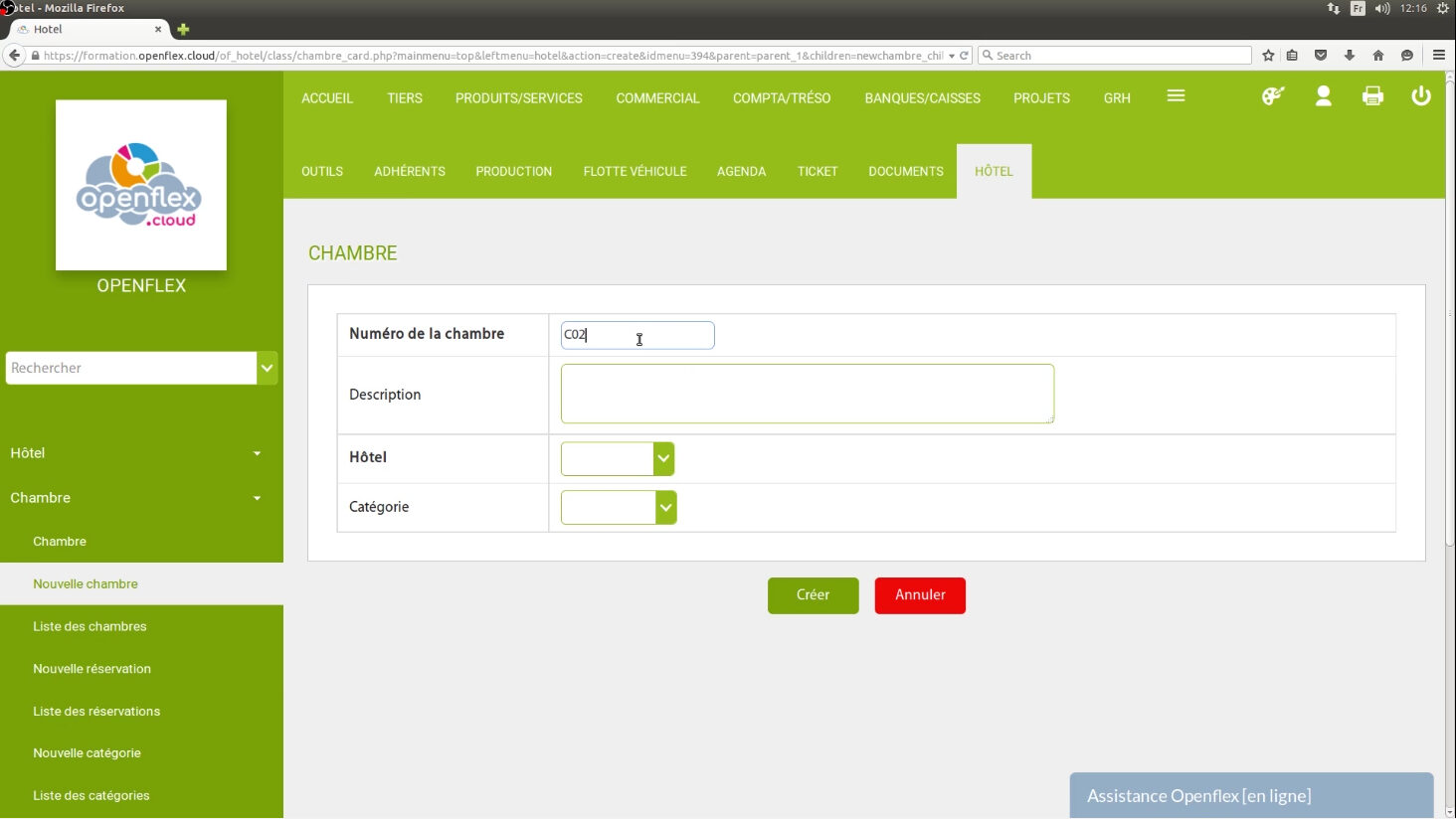 Création d’une chambre numéro de chambre openflex