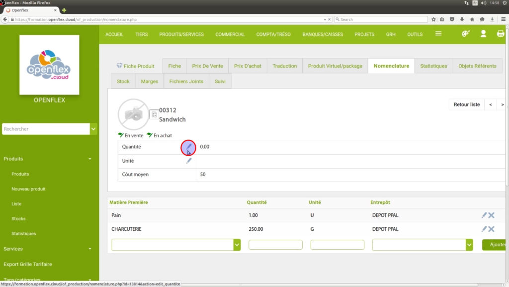 Ajout de la nomenclature d’un produit quantité openflex