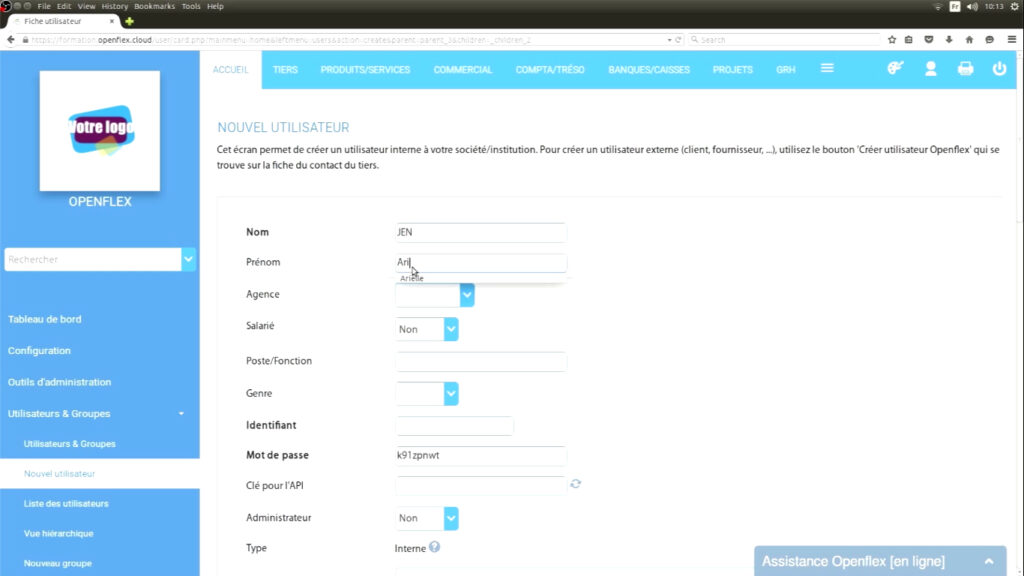 Création d’un utilisateur  prénom openflex