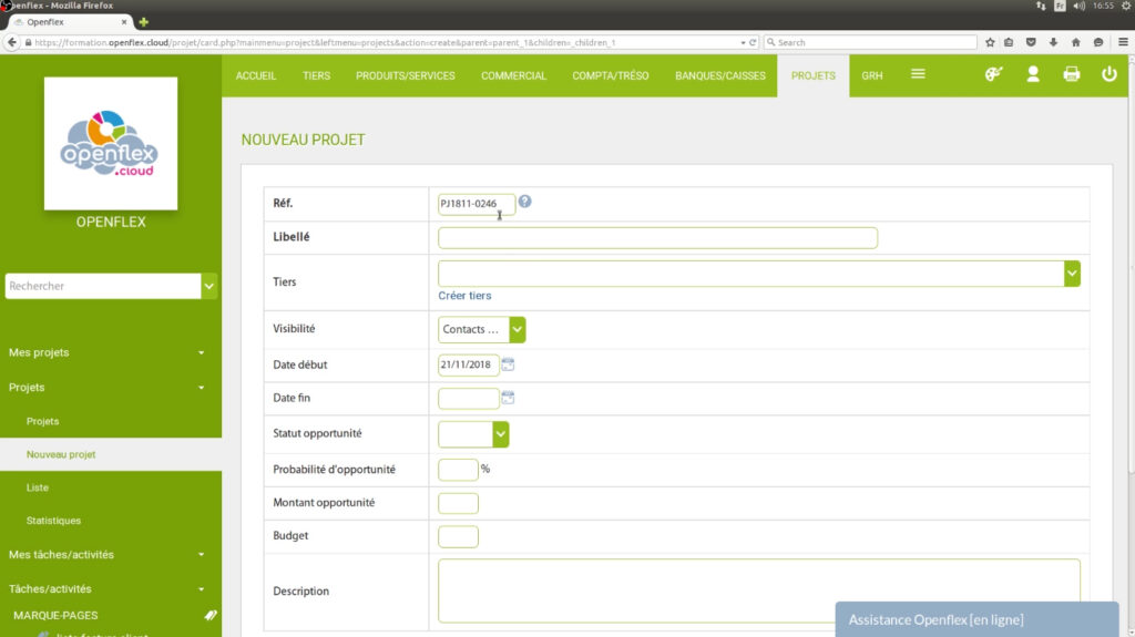 Création d’un projet nouveau projet  référence openflex