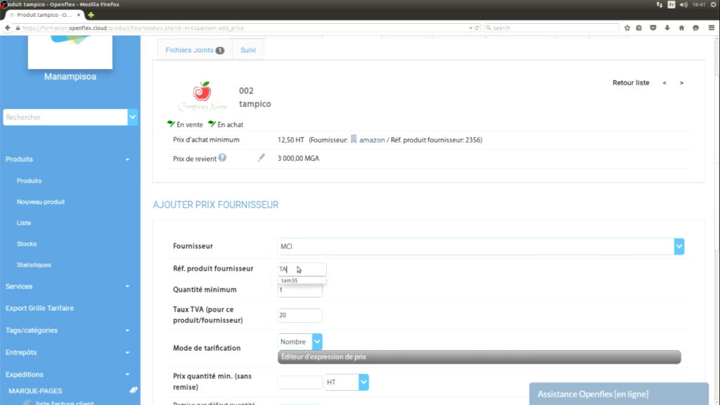 Ajout du prix d’achat référence du produit openflex
