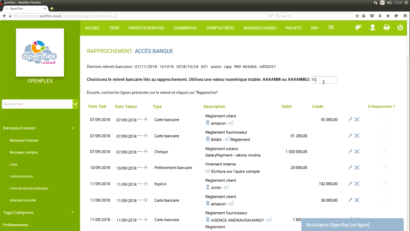 Faire un rapprochement bancaire sur Openflex Tuto vidéo Documentation Openflex