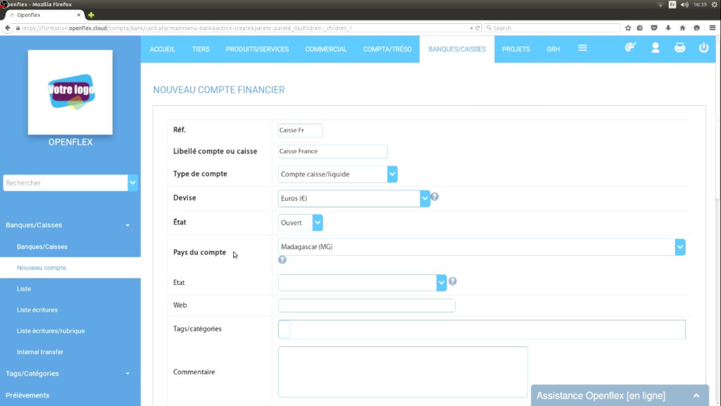 Création de compte financier formulaire openflex