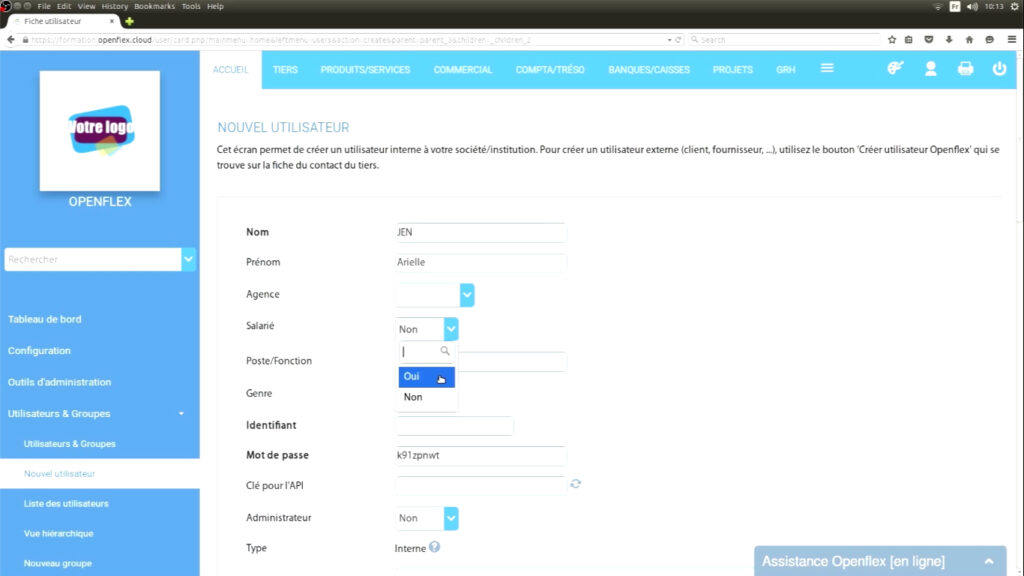 Création d’un utilisateur  salarié ou non openflex