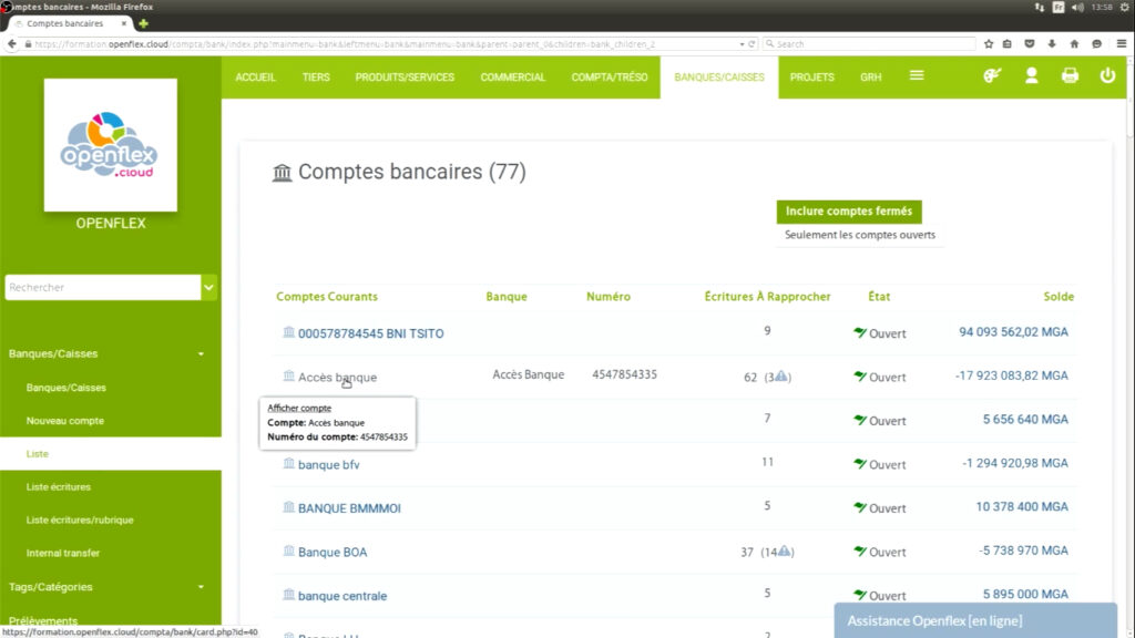 Faire un rapprochement bancaire compte à rapprocher openflex