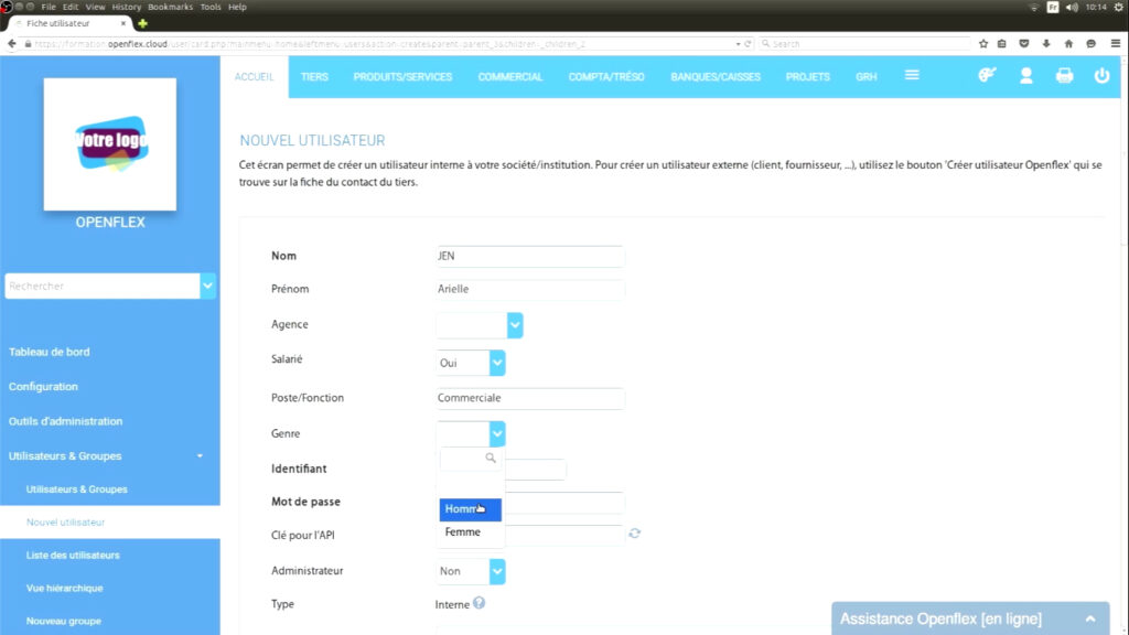 Création d’un utilisateur  genre openflex