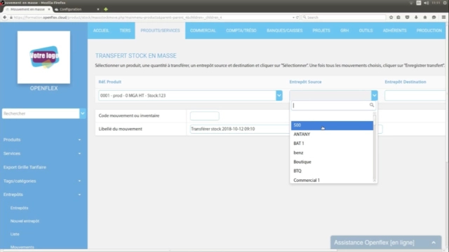 Transfert de stock en masse entrepôt openflex