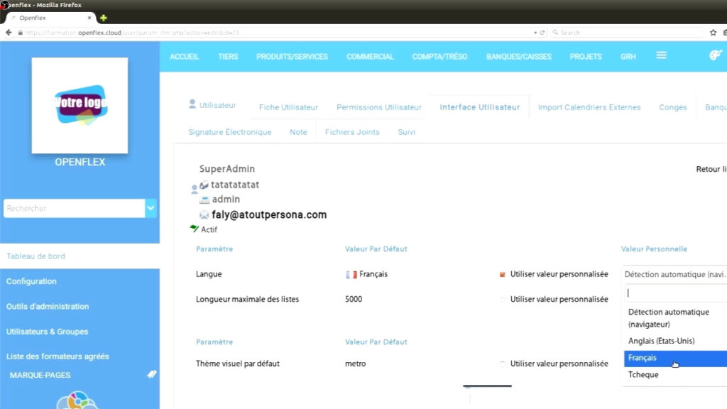 Comment modifier la langue de l’interface langue openflex