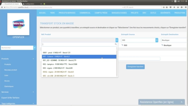 Transfert de stock en masse réference produit openflex