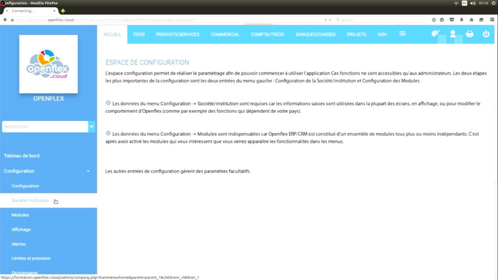 Configuration des informations de votre société société institution openflex