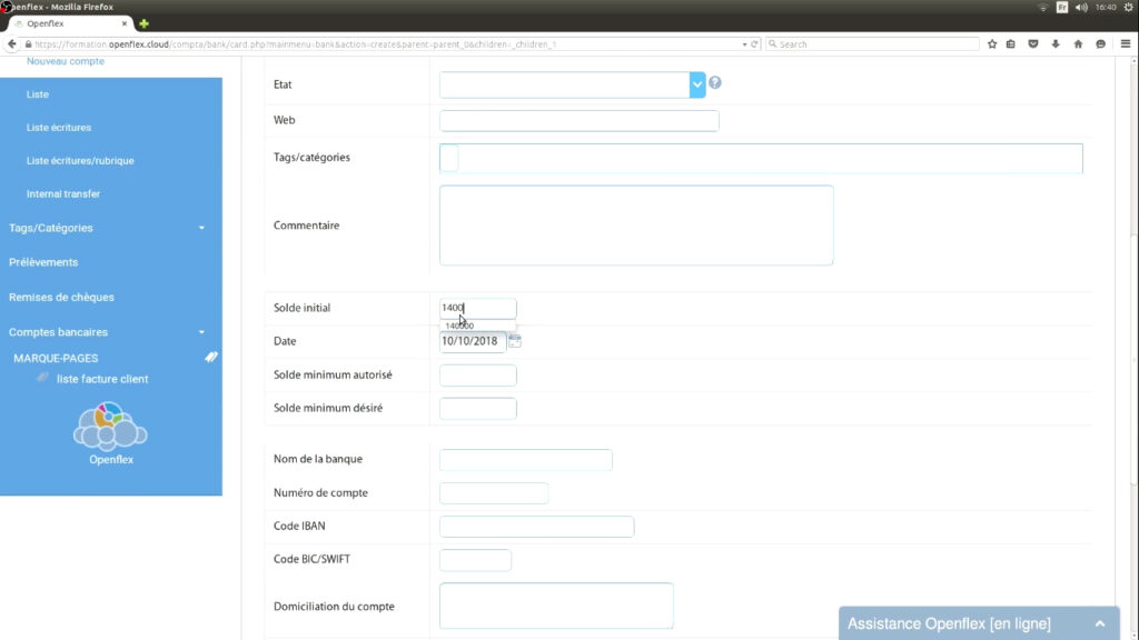 Création de compte financier solde initial openflex