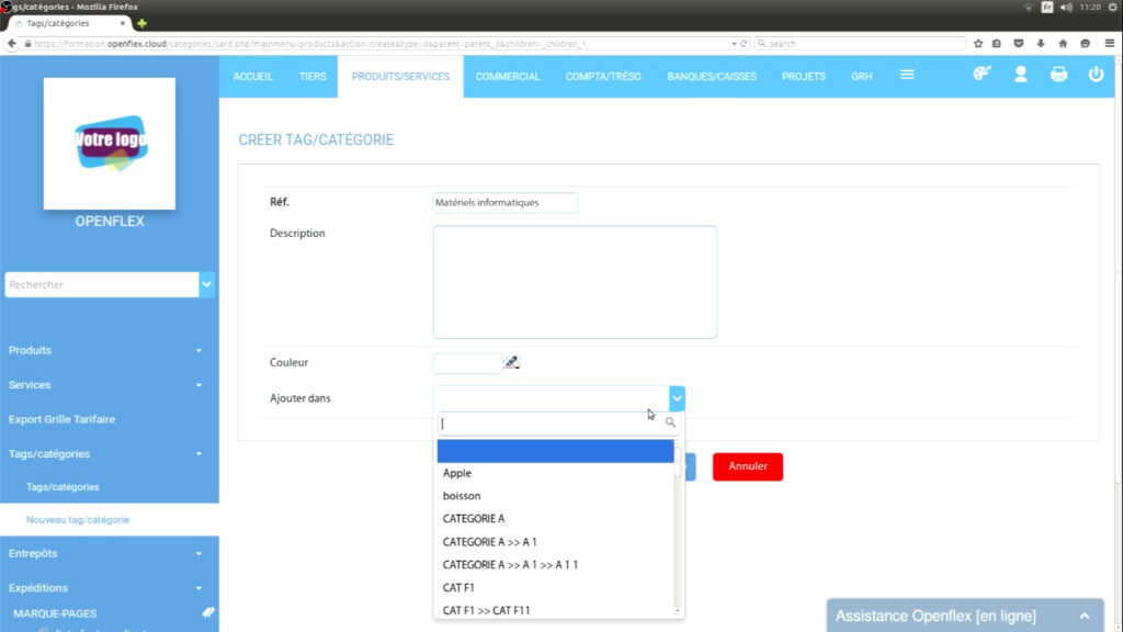 Créer une catégorie  sous catégorie openflex