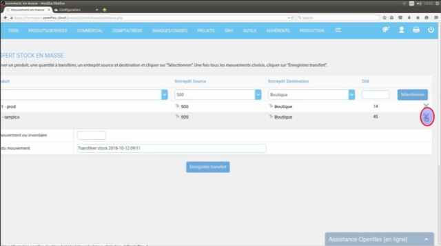 Transfert de stock en masse cliquez sur la petite croix openflex