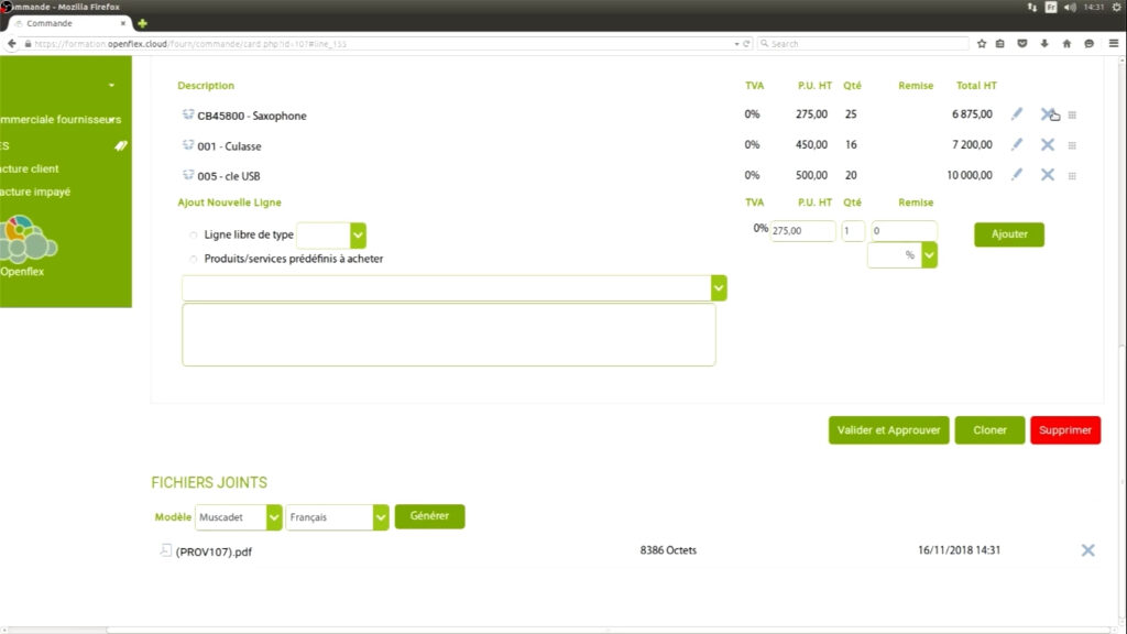 Création d’une commande fournisseurs supprimer une ligne openflex