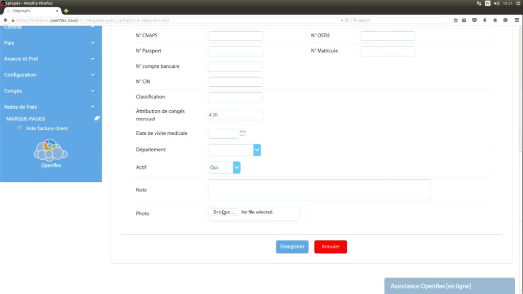 Création d’un salarié  enregistrer openflex