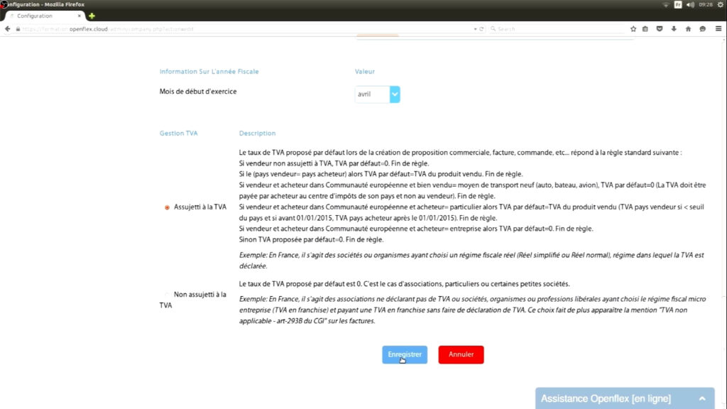 Configuration des informations de votre société enregistrer openflex