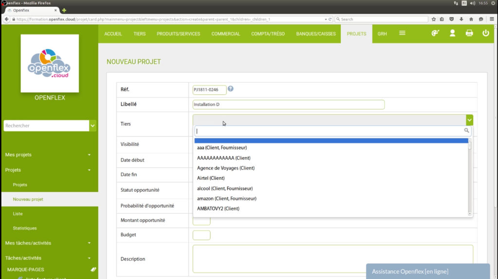 Création d’un projet nouveau projet  tiers openflex
