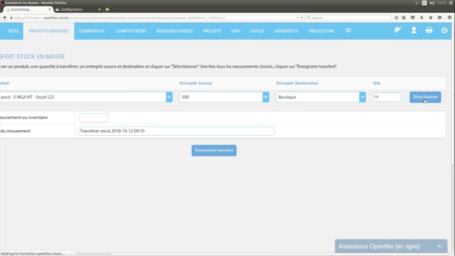 Transfert de stock en masse produits/services openflex