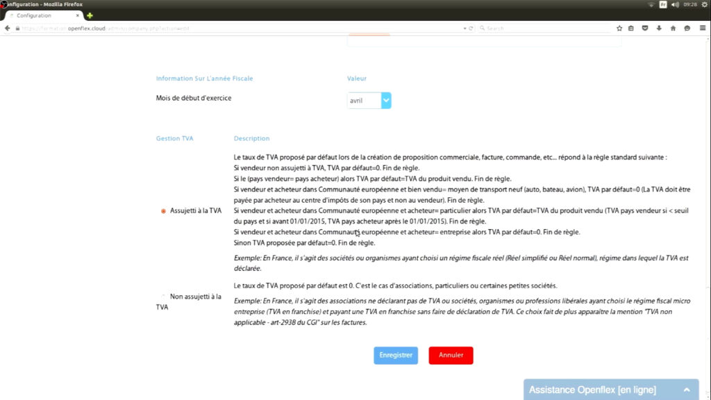 Configuration des informations de votre société tva openflex