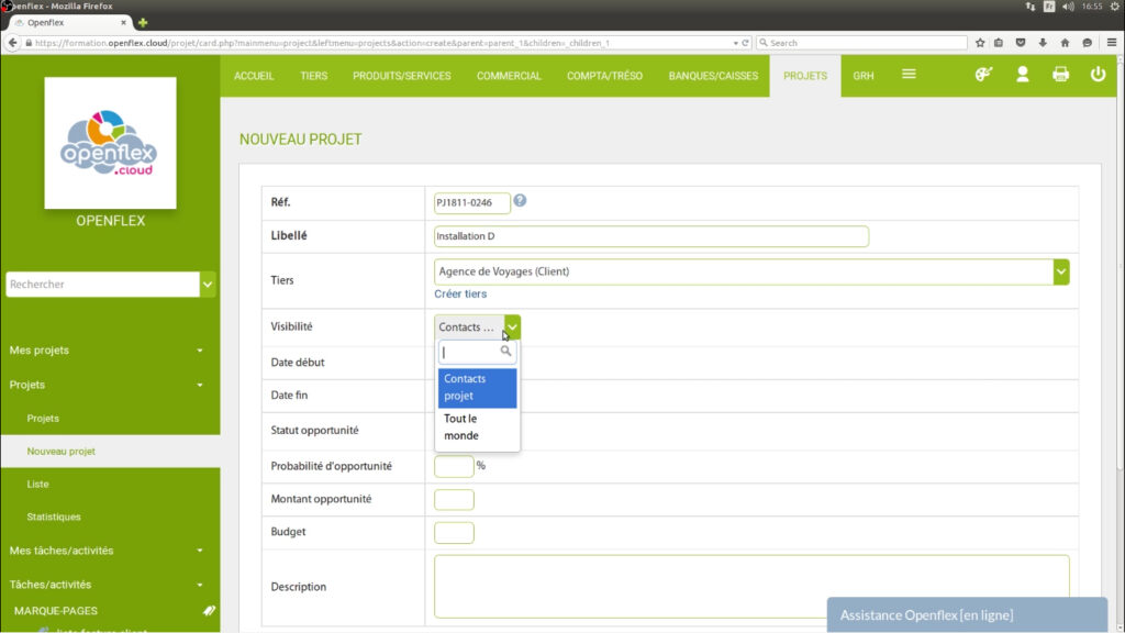 Création d’un projet nouveau projet  visibilité openflex